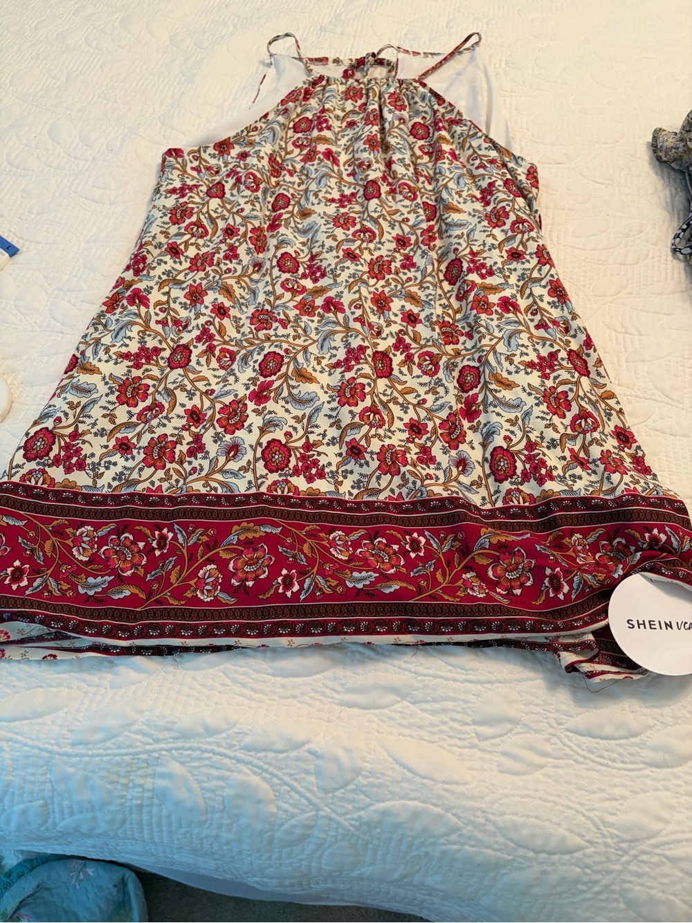 SHEIN Red & Cream Floral Halter Border Print Tank